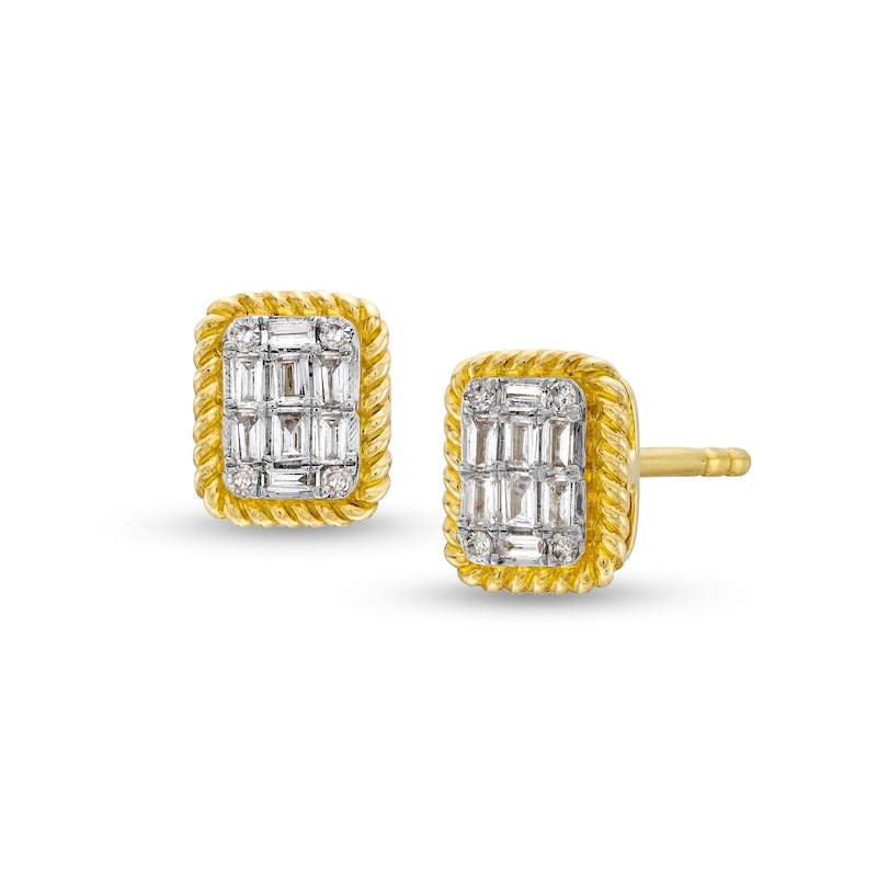 Main Image 1 of 1/5 CT. T.W. Emerald-Shaped Multi-Diamond Rope-Textured Frame Stud Earrings in 10K Gold