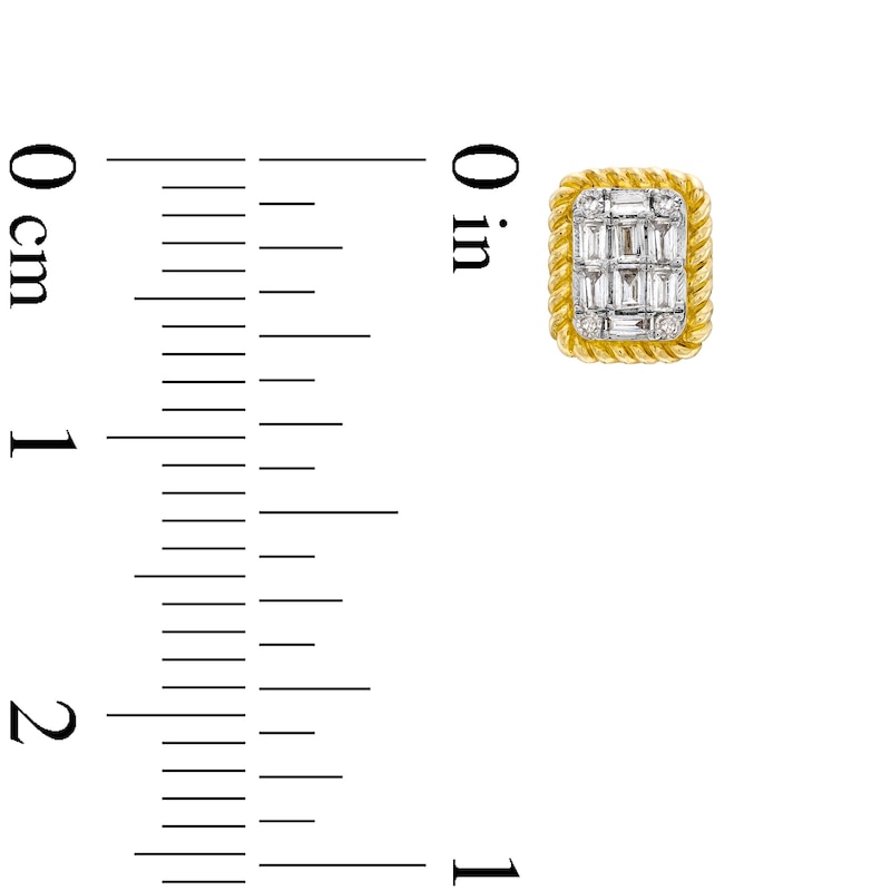 Main Image 3 of 1/5 CT. T.W. Emerald-Shaped Multi-Diamond Rope-Textured Frame Stud Earrings in 10K Gold