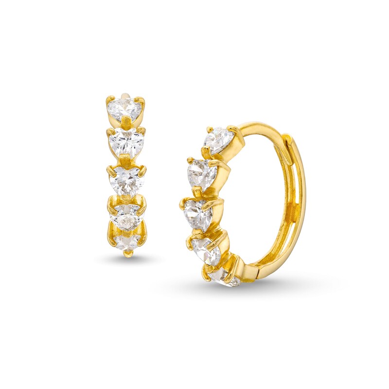 Main Image 1 of Heart-Shaped White Lab-Created Sapphire Hoop Earrings in 10K Gold