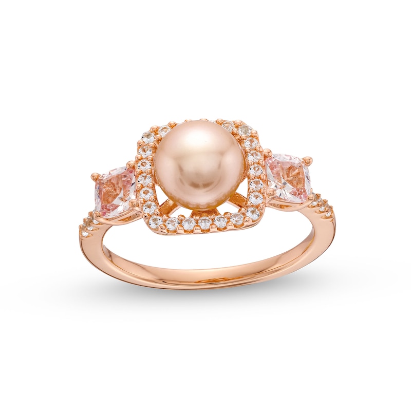 1/5 CT. T.W. Diamond, White Lab-Created Sapphire and Cultured Freshwater Pearl Ring in 10K Rose Gold