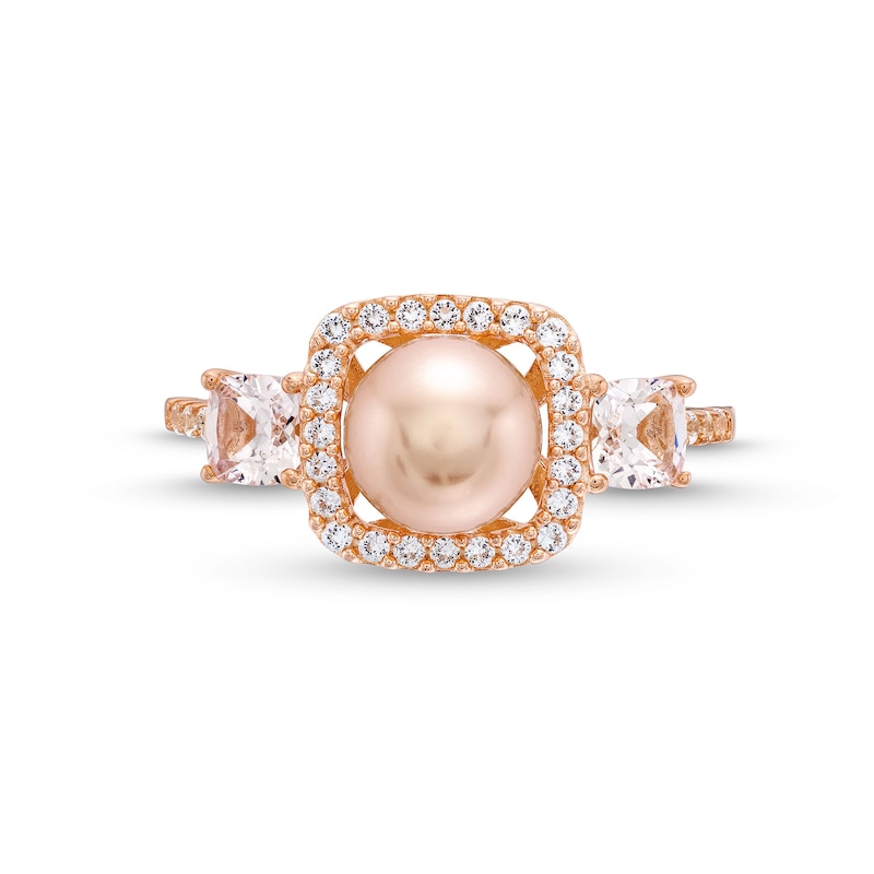 1/5 CT. T.W. Diamond, White Lab-Created Sapphire and Cultured Freshwater Pearl Ring in 10K Rose Gold
