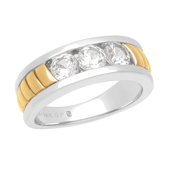 White Lab-Created Sapphire Three Stone Ring in Sterling Silver and 18K Gold Plate