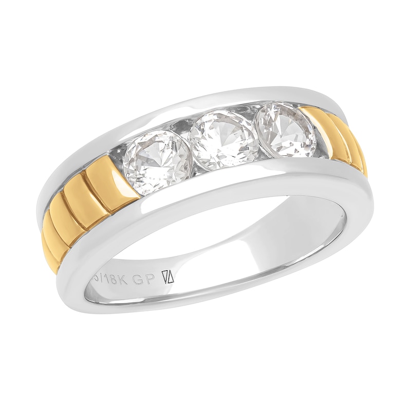 Men's White Lab-Created Sapphire Three Stone Ring in Sterling Silver and 18K Gold Plate