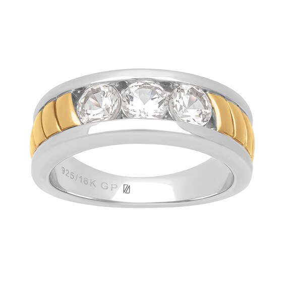 White Lab-Created Sapphire Three Stone Ring in Sterling Silver and 18K Gold Plate