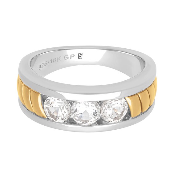 White Lab-Created Sapphire Three Stone Ring in Sterling Silver and 18K Gold Plate