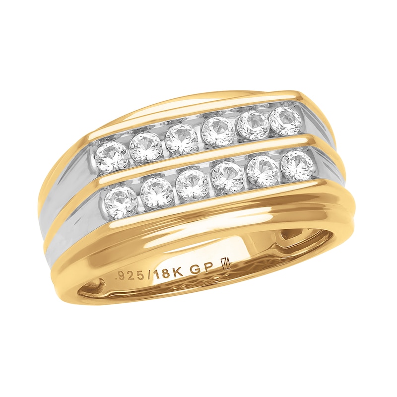 Men's Two-Row White Lab-Created Sapphire Ring in Sterling Silver with 18K Gold Plate