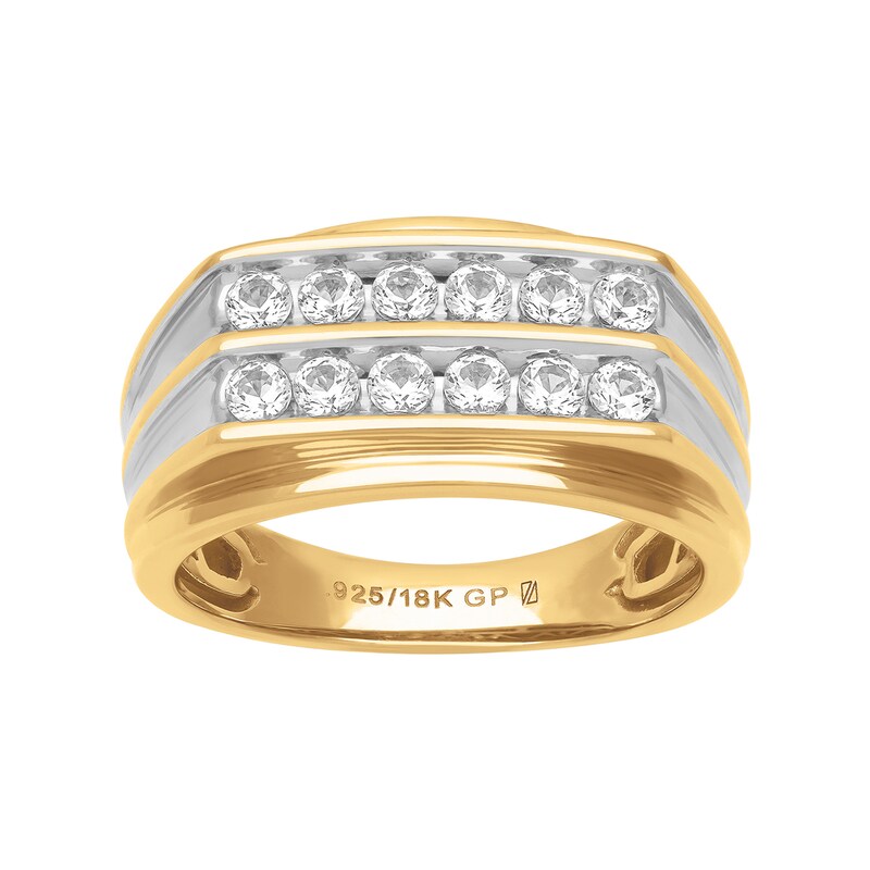 Men's Two-Row White Lab-Created Sapphire Ring in Sterling Silver with 18K Gold Plate