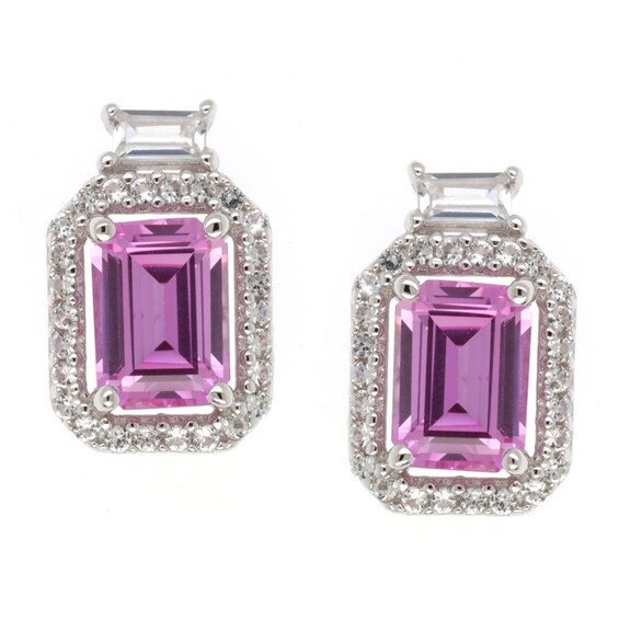 Emerald-Cut Pink and White Lab-Created Sapphire Framed Stud Earrings in Sterling Silver