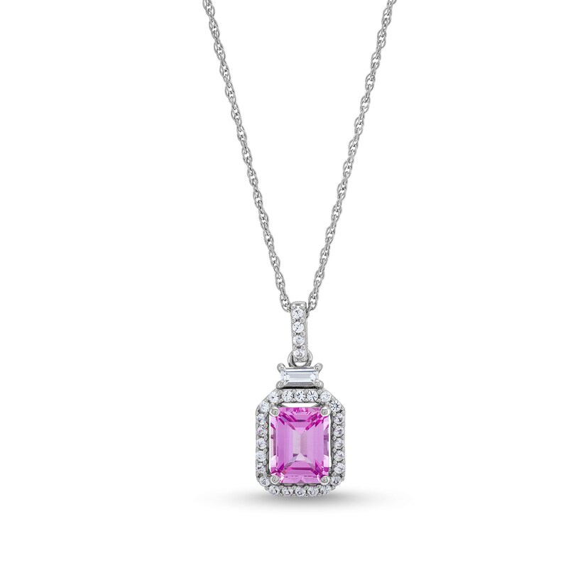 Main Image 1 of Emerald-Cut Pink and White Lab-Created Sapphire Framed Pendant in Sterling Silver