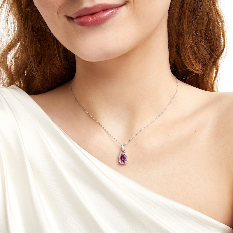 Main Image 2 of Emerald-Cut Pink and White Lab-Created Sapphire Framed Pendant in Sterling Silver