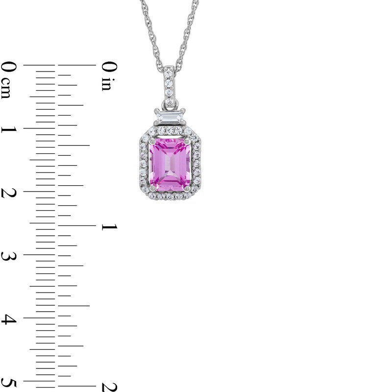 Main Image 3 of Emerald-Cut Pink and White Lab-Created Sapphire Framed Pendant in Sterling Silver