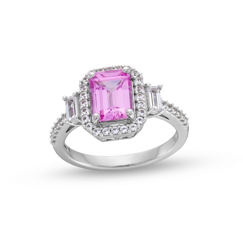 Main Image 1 of Emerald-Cut Pink and White Lab-Created Sapphire Framed Ring in Sterling Silver