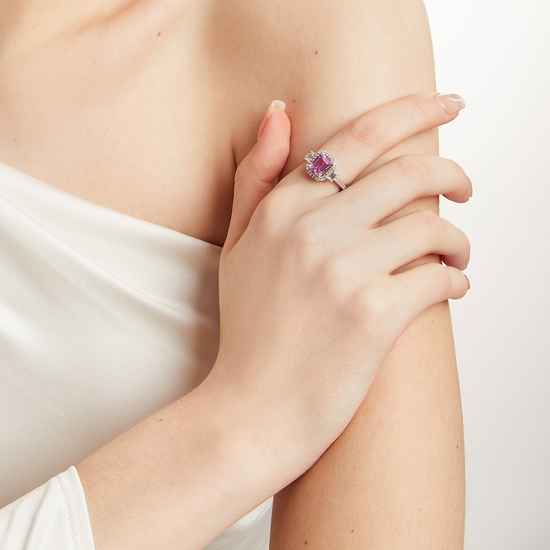 Main Image 2 of Emerald-Cut Pink and White Lab-Created Sapphire Framed Ring in Sterling Silver