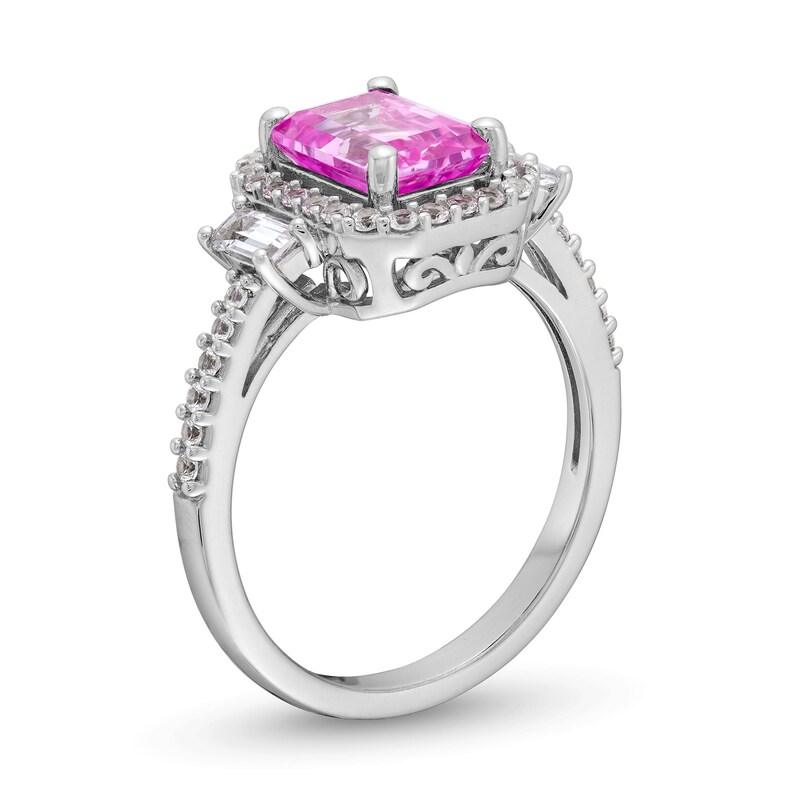 Main Image 3 of Emerald-Cut Pink and White Lab-Created Sapphire Framed Ring in Sterling Silver