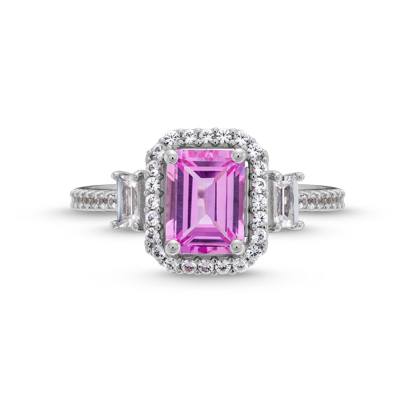 Main Image 4 of Emerald-Cut Pink and White Lab-Created Sapphire Framed Ring in Sterling Silver