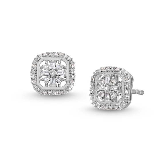 1/6 CT. T.w. Snowflake Multi-Diamond Cushion Frame Stud Earrings in Sterling Silver