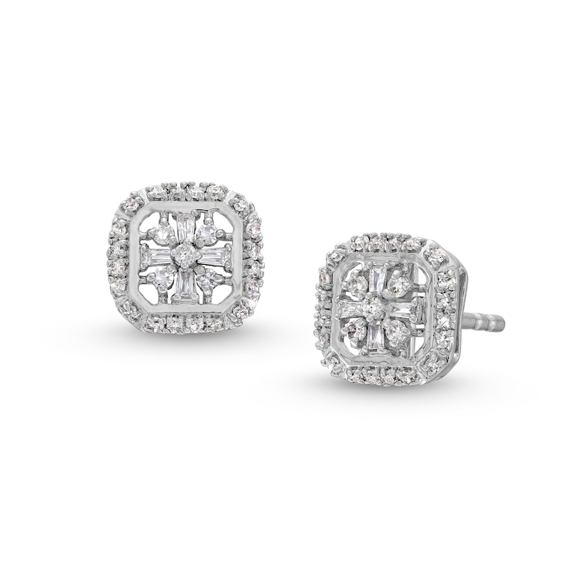 Main Image 1 of 1/6 CT. T.W. Snowflake Multi-Diamond Cushion Frame Stud Earrings in Sterling Silver