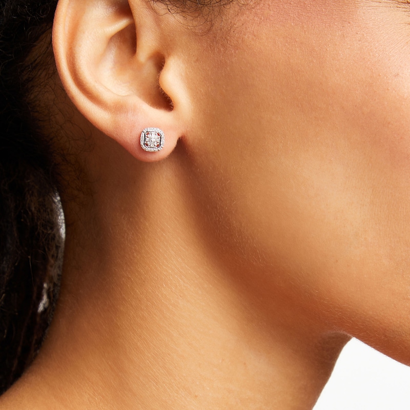 Main Image 2 of 1/6 CT. T.W. Snowflake Multi-Diamond Cushion Frame Stud Earrings in Sterling Silver