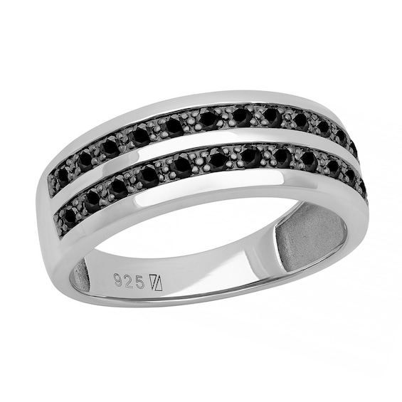 Men's Black Sapphire Ring Double Row in Sterling Silver