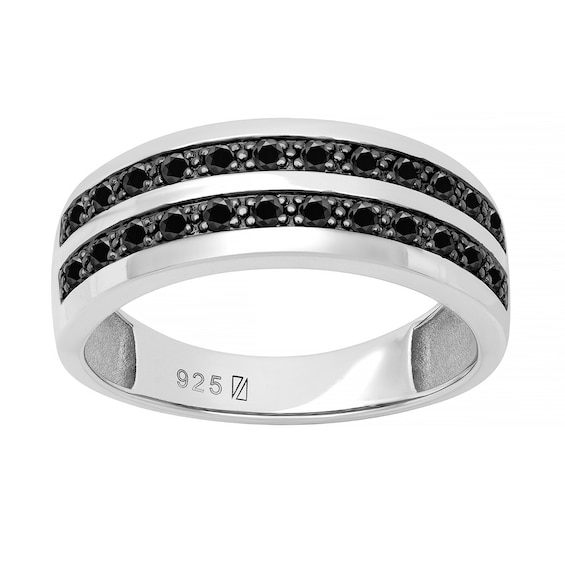 Men's Black Sapphire Ring Double Row in Sterling Silver