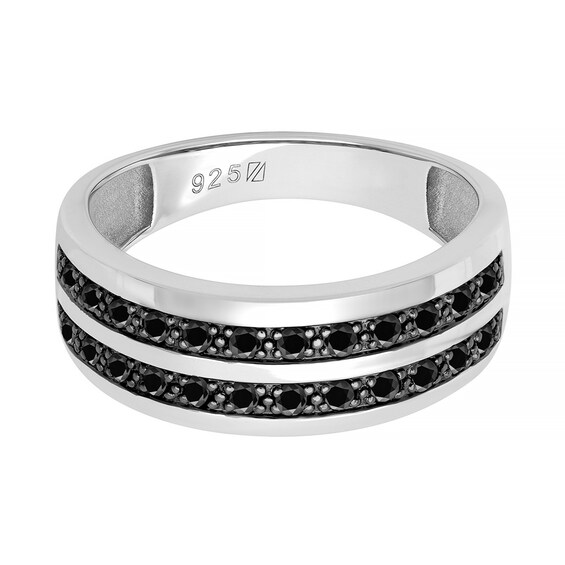 Men's Black Sapphire Ring Double Row in Sterling Silver