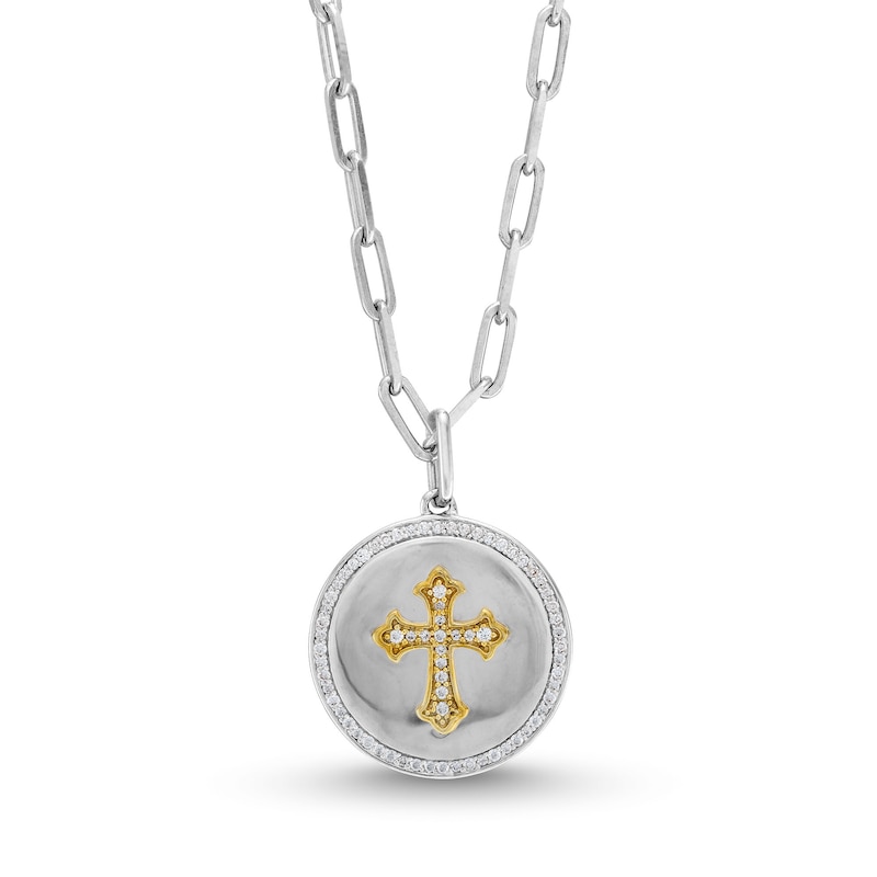 1/4 CT. T.W. Diamond Flared Cross Medallion Pendant in Sterling Silver and 10K Gold