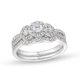 7/8 CT. T.W. Diamond Three Stone Framed Bridal Set in 10K White Gold