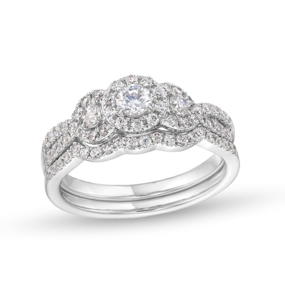 7/8 CT. T.w. Diamond Three Stone Framed Bridal Set in 10K White Gold