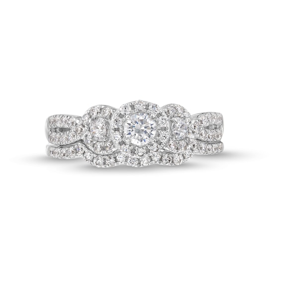 7/8 CT. T.w. Diamond Three Stone Framed Bridal Set in 10K White Gold