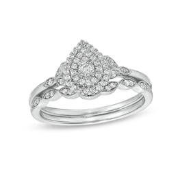 1/4 CT. T.W. Pear-Shaped Multi-Diamond Vintage Style Bridal Set in 10K White Gold
