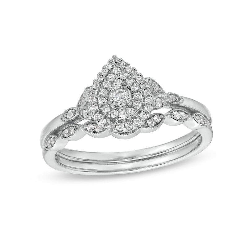 Main Image 1 of 1/4 CT. T.W. Pear-Shaped Multi-Diamond Vintage Style Bridal Set in 10K White Gold