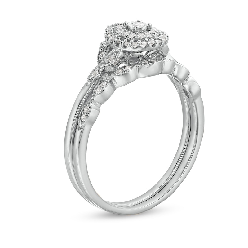 Main Image 3 of 1/4 CT. T.W. Pear-Shaped Multi-Diamond Vintage Style Bridal Set in 10K White Gold