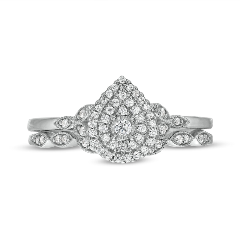 Main Image 4 of 1/4 CT. T.W. Pear-Shaped Multi-Diamond Vintage Style Bridal Set in 10K White Gold