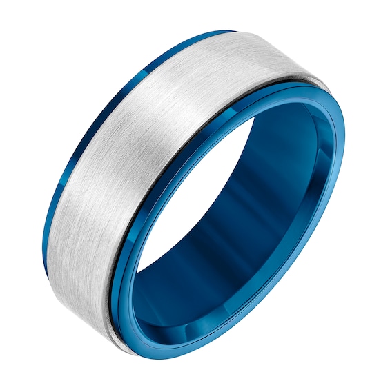 Men's 6.5mm Stepped Edge Engravable Wedding Band in Tungsten and Blue Rhodium Plate (1 Line)