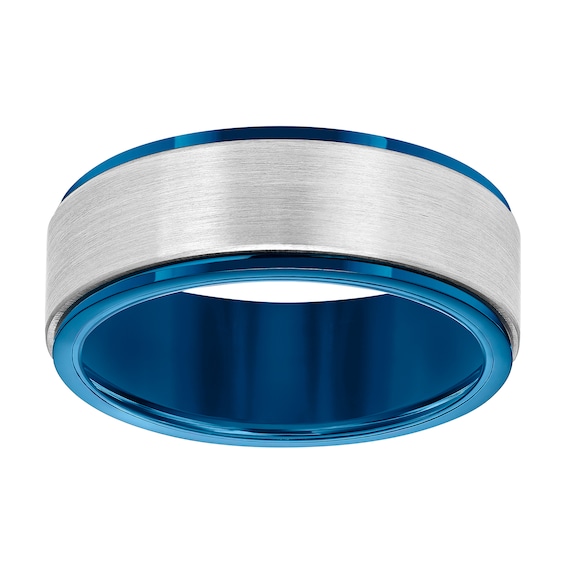 6.5mm Stepped Edge Engravable Wedding Band in Tungsten and Blue Rhodium Plate (1 Line)