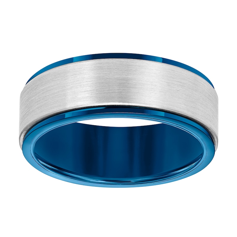 Men's 6.5mm Stepped Edge Engravable Wedding Band in Tungsten and Blue Rhodium Plate (1 Line)