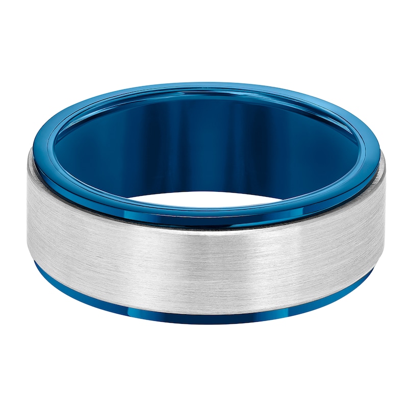 Men's 6.5mm Stepped Edge Engravable Wedding Band in Tungsten and Blue Rhodium Plate (1 Line)