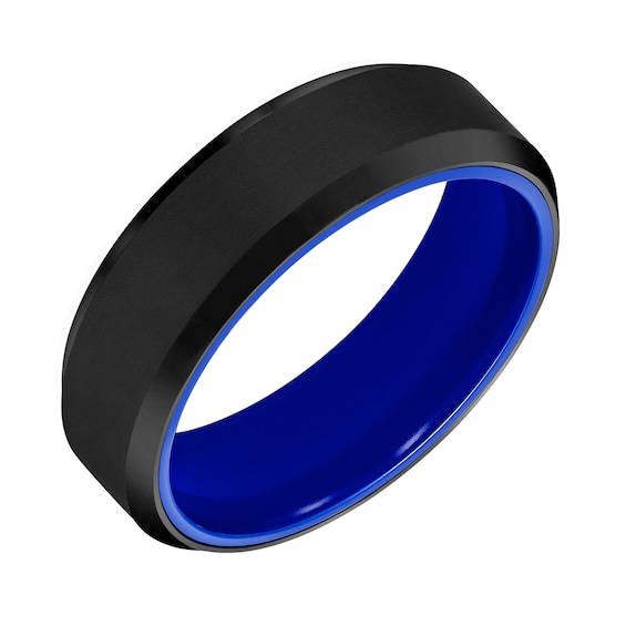 Men's 7.0mm Beveled Edge Engravable Wedding Band in Black Tungsten and Blue Ceramic (1 Line)