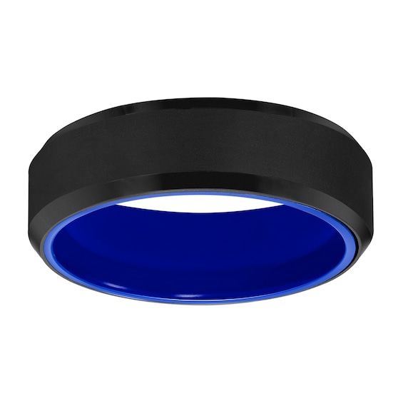 Men's 7.0mm Beveled Edge Engravable Wedding Band in Black Tungsten and Blue Ceramic (1 Line)