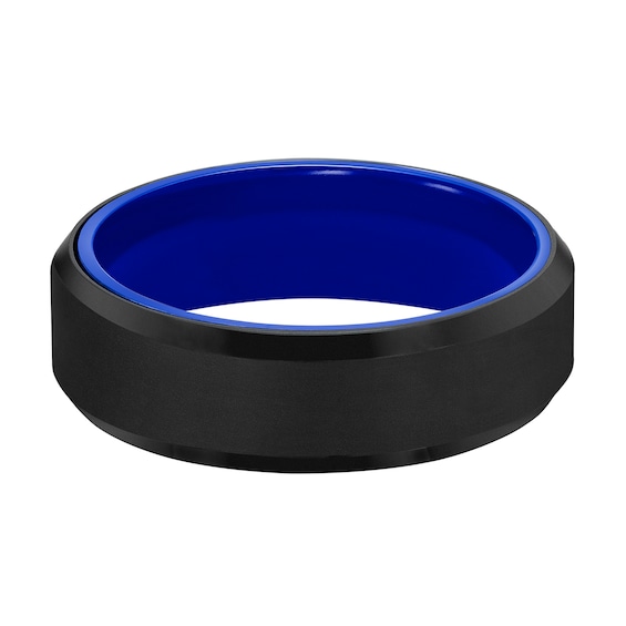 Men's 7.0mm Beveled Edge Engravable Wedding Band in Black Tungsten and Blue Ceramic (1 Line)