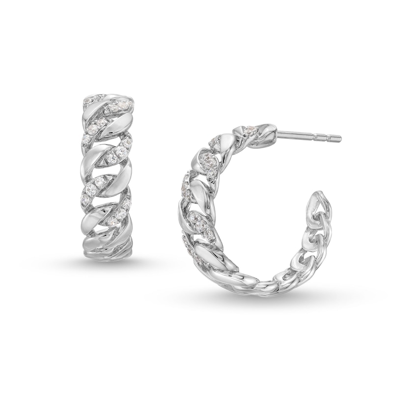 Main Image 1 of 1/4 CT. T.W. Diamond Alternating Curb Chain Link J-Hoop Earrings in Sterling Silver