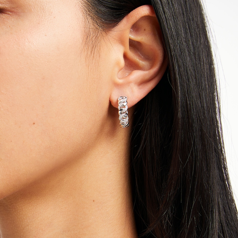 Main Image 2 of 1/4 CT. T.W. Diamond Alternating Curb Chain Link J-Hoop Earrings in Sterling Silver