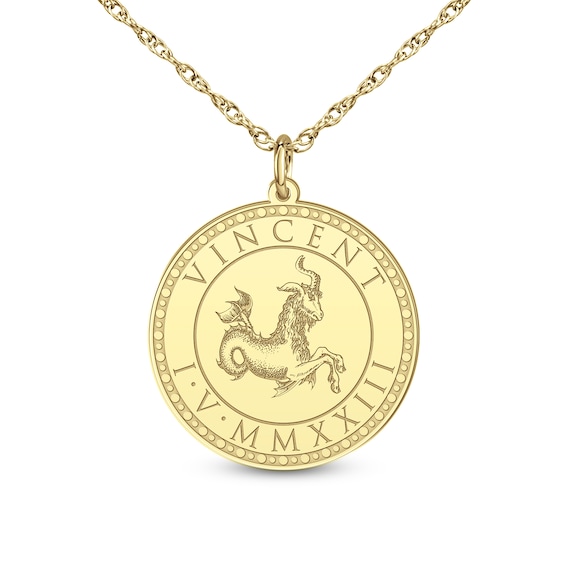 Men's 24.0mm Engravable Zodiac Sign Beaded Border Disc Pendant (1 Sign, Line and Date) - 22"