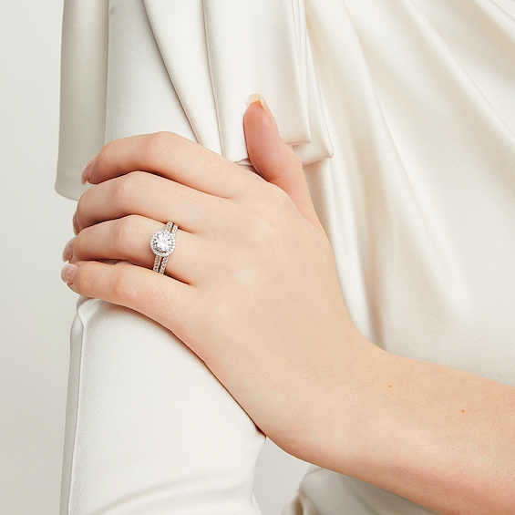 White Lab-Created Sapphire Framed Bridal Set in Sterling Silver