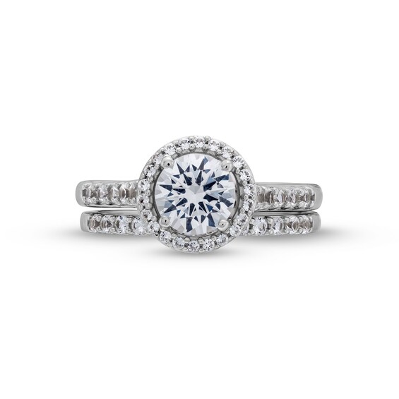 White Lab-Created Sapphire Framed Bridal Set in Sterling Silver
