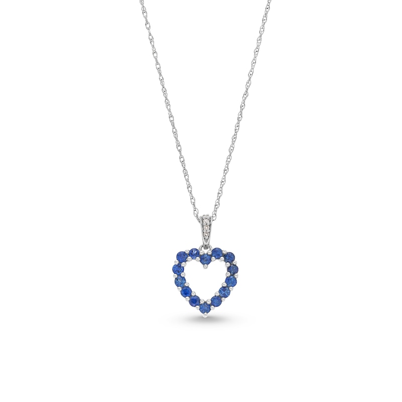 Blue Sapphire and Diamond Accent Heart Outline Pendant in 10K White Gold