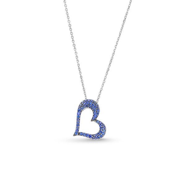 Blue and White Lab-Created Sapphire Reversible Tilted Open Heart Pendant in Sterling Silver