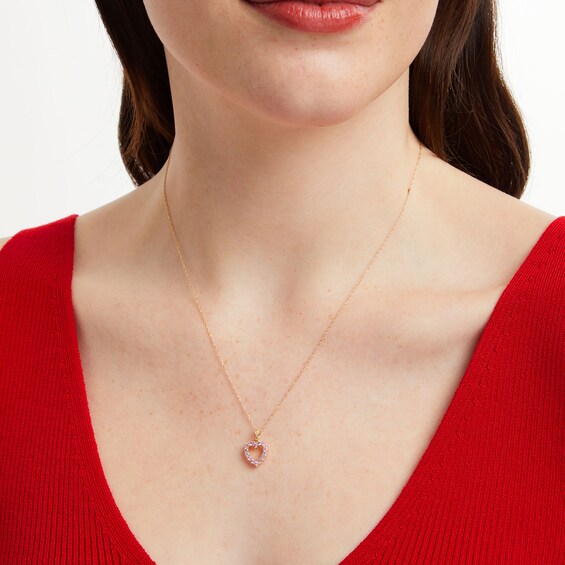 Pink Sapphire and Diamond Accent Heart Outline Pendant in 10K Gold
