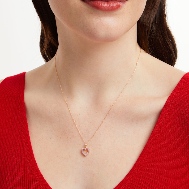 Main Image 2 of Pink Sapphire and Diamond Accent Heart Outline Pendant in 10K Gold