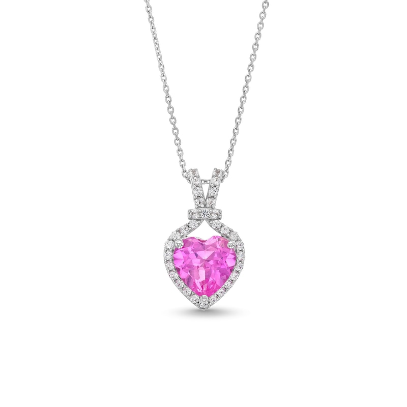 Main Image 1 of 10.0mm Heart-Shaped Pink and White Lab-Created Sapphire Frame Pendant in Sterling Silver